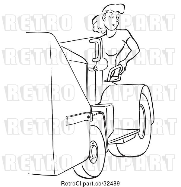 Vector Clip Art of Retro Worker Lady and a Machine