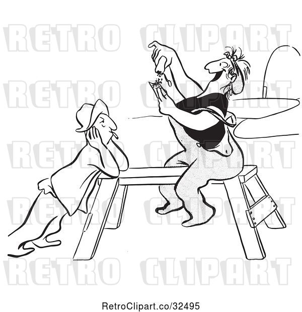 Vector Clip Art of Retro Worker Lady Sitting on a Saw Horse and Rolling a Cigarette