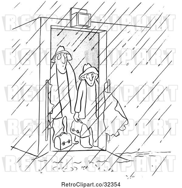 Vector Clip Art of Retro Worker Men Contemplating Going out in the Rain