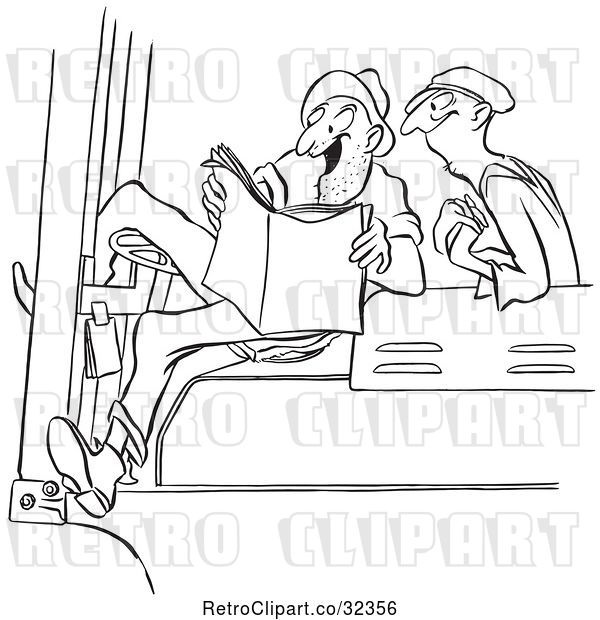 Vector Clip Art of Retro Worker Men Reading an Exciting Story