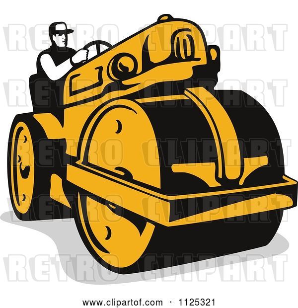 Vector Clip Art of Retro Worker Operating a Road Roller