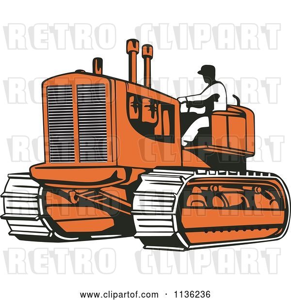 Vector Clip Art of Retro Worker Operating Bulldozer Machine 2