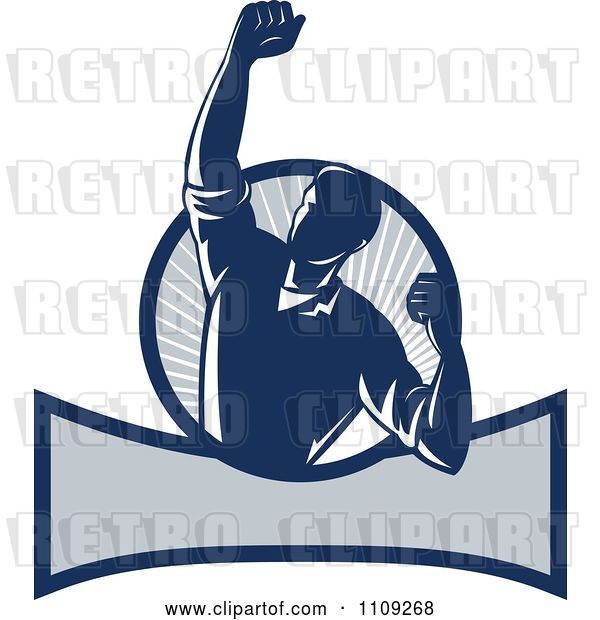 Vector Clip Art of Retro Worker Pumping His Fist over a Banner and Ray Circle