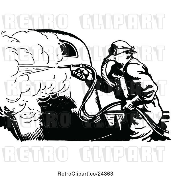 Vector Clip Art of Retro Worker Spray Painting Cars
