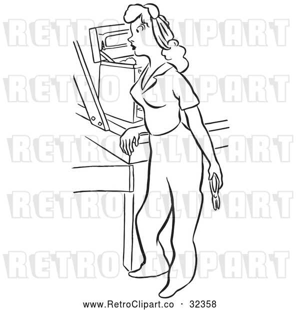 Vector Clip Art of Retro Worker Woan by a Tool Box Black and White