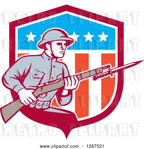 Vector Clip Art of Retro World War One American Soldier with a Bayonet and Rifle in an American Shield