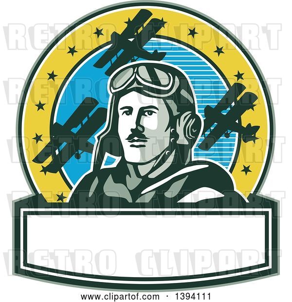 Vector Clip Art of Retro World War One Male Pilot Aviator Looking up over a Banner, on a Cricle with Blue Sky, Stars and Biplanes