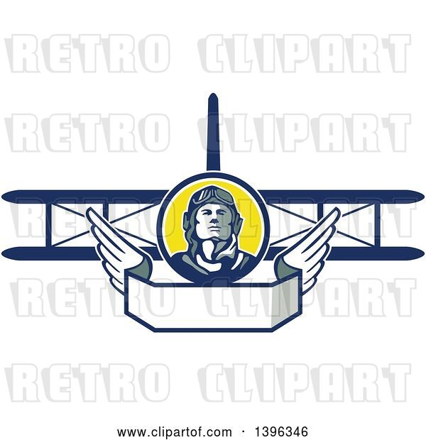 Vector Clip Art of Retro World War One Male Pilot Aviator Looking up over a Wing Banner and Biplane