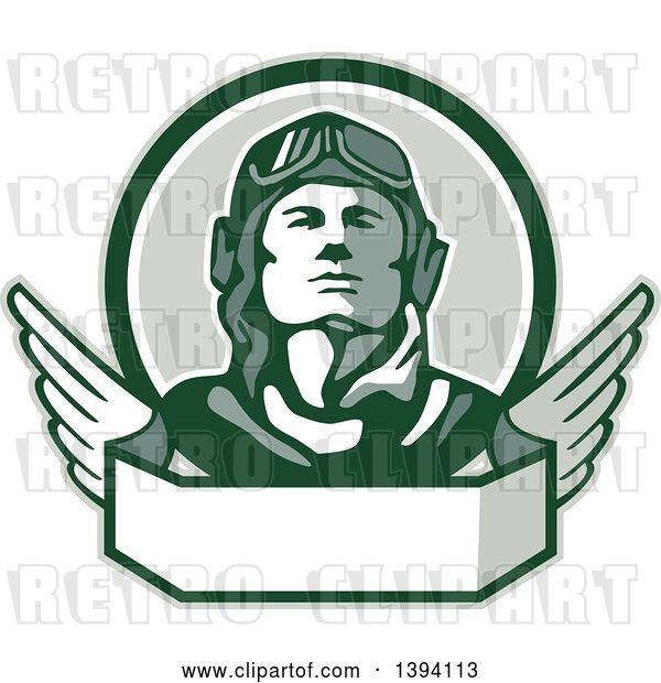 Vector Clip Art of Retro World War One Male Pilot Aviator Looking up over a Wing Banner