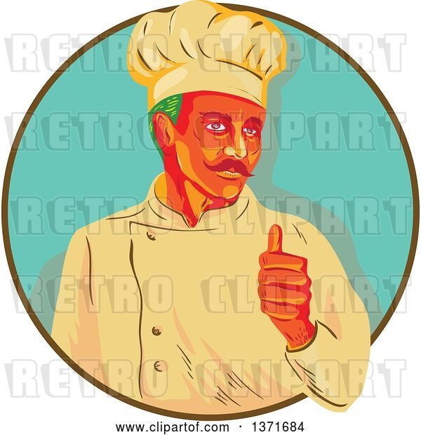Vector Clip Art of Retro Wpa Styled Green Haired Chef with a Mustache, Giving a Thumb up and Emerging from a Brown and Turquoise Circle
