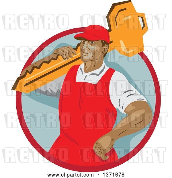 Vector Clip Art of Retro Wpa Styled Locksmith Carrying a Giant Key over His Shoulder in a Red and Gray Circle