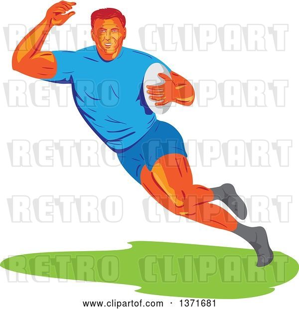 Vector Clip Art of Retro Wpa Styled Male Rugby Player Runing with a Ball