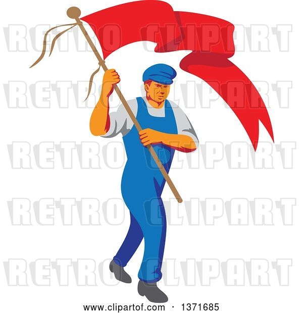 Vector Clip Art of Retro Wpa Styled Male Worker Marching Wtih a Flag