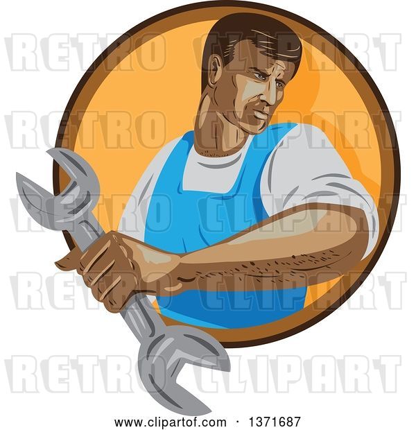 Vector Clip Art of Retro Wpa Styled Mechanic Holding a Wrench and Emerging from a Brown and Orange Circle