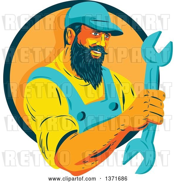 Vector Clip Art of Retro Wpa Styled Mechanic with a Beard, Holding a Giant Wrench and Emerging from a Green and Orange Circle