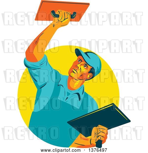 Vector Clip Art of Retro WPA Styled Plasterer Worker Guy Emerging from a Yellow Circle
