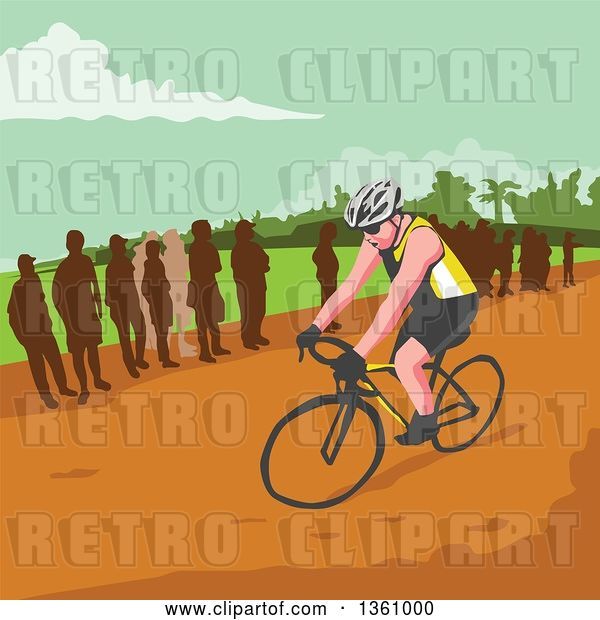 Vector Clip Art of Retro Wpa Styled Silhouetted Crowd Watching a Male Cyclist