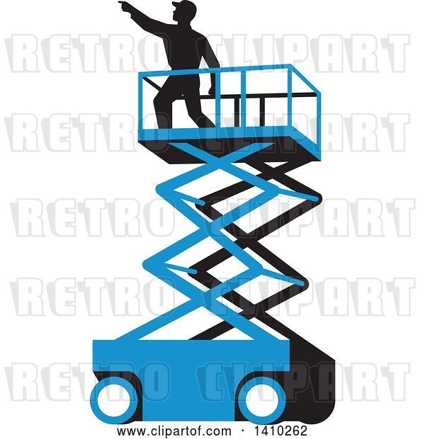 Vector Clip Art of Retro Wpa Styled Silhouetted Male Worker on a Cherry Picker Scissor Lift