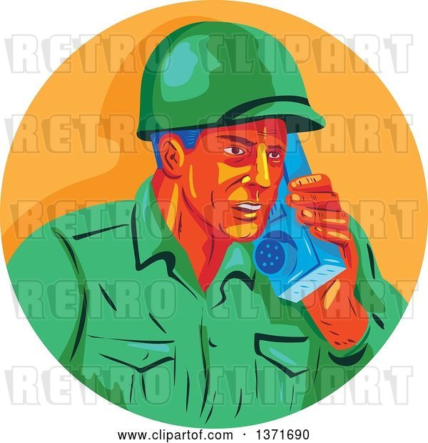 Vector Clip Art of Retro Wpa Styled WWII American Soldier Talking on a Field Radio in an Orange Circle