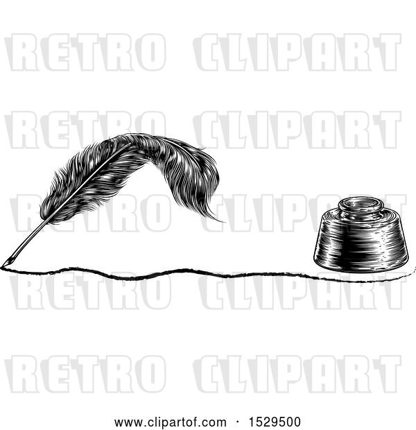 Vector Clip Art of Retro Writing Feather Quill Pen with a Line and Ink Well