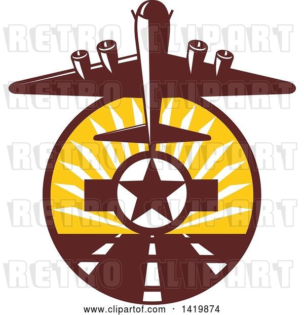 Vector Clip Art of Retro WWII B-17 Flying Fortress Bomber Taking off over a Star and Runway