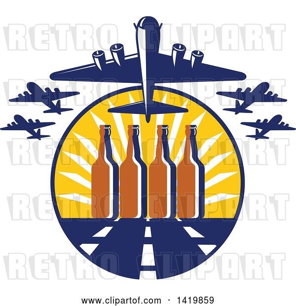 Vector Clip Art of Retro WWII B-17 Flying Fortress Bombers Taking off over Beer Buttles and a Runway