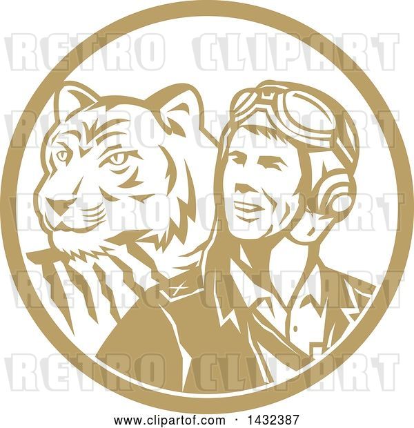 Vector Clip Art of Retro WWII Male Aviator Pilot and Tiger in a Tan and White Circle