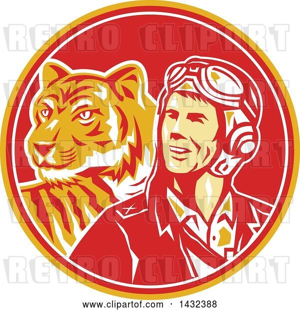 Vector Clip Art of Retro WWII Male Aviator Pilot and Tiger in a Yellow Red and White Circle