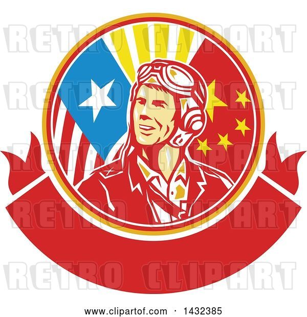 Vector Clip Art of Retro WWII Male Aviator Pilot in an American and Chinese Flag Circle over a Blank Banner