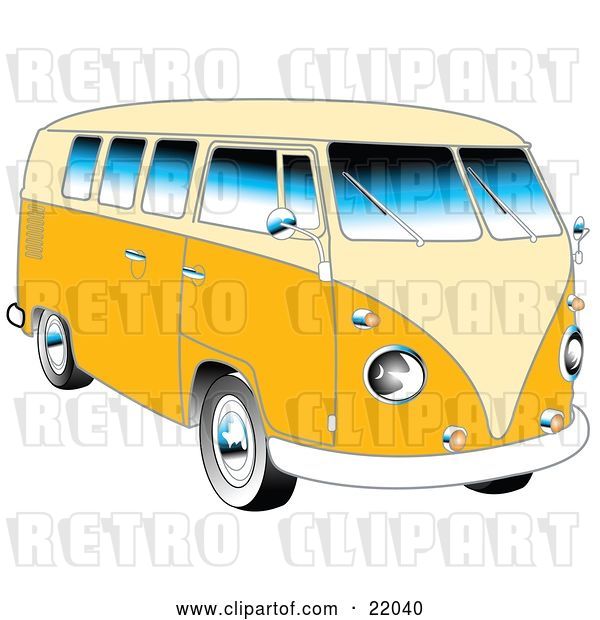Vector Clip Art of Retro Yellow 1962 VW Bus with Chrome Detail and a Pale Yellow Roof and Accents