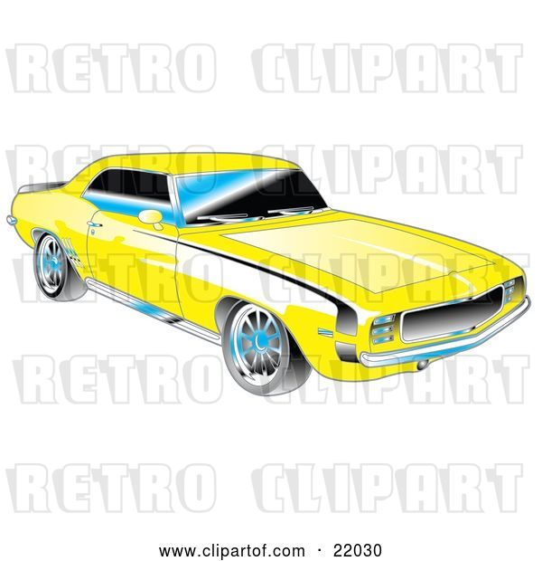 Vector Clip Art of Retro Yellow 1969 Chevrolet RS/SS Camaro Muscle Car with Black Stripes on the Sides and Chrome Detailing