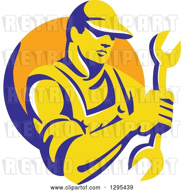Vector Clip Art of Retro Yellow and Blue Male Mechanic Holding a Wrench in an Orange Circle