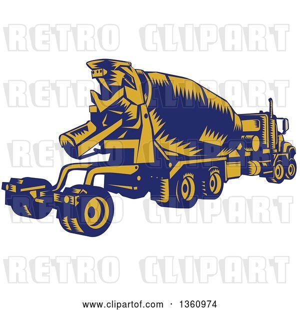 Vector Clip Art of Retro Yellow and Blue Woodcut Cement Truck, Rear View