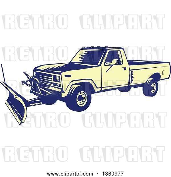 Vector Clip Art of Retro Yellow and Blue Woodcut Snow Plow Truck