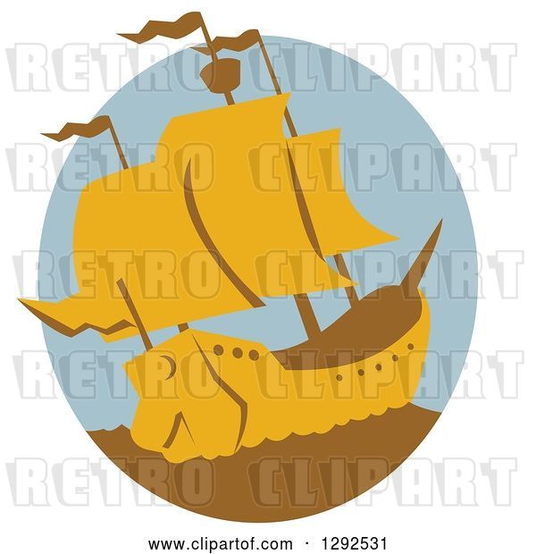 Vector Clip Art of Retro Yellow and Brown Galleon Ship in an Oval