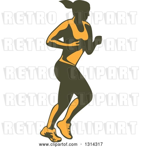 Vector Clip Art of Retro Yellow and Olive Green Female Marathon Runner