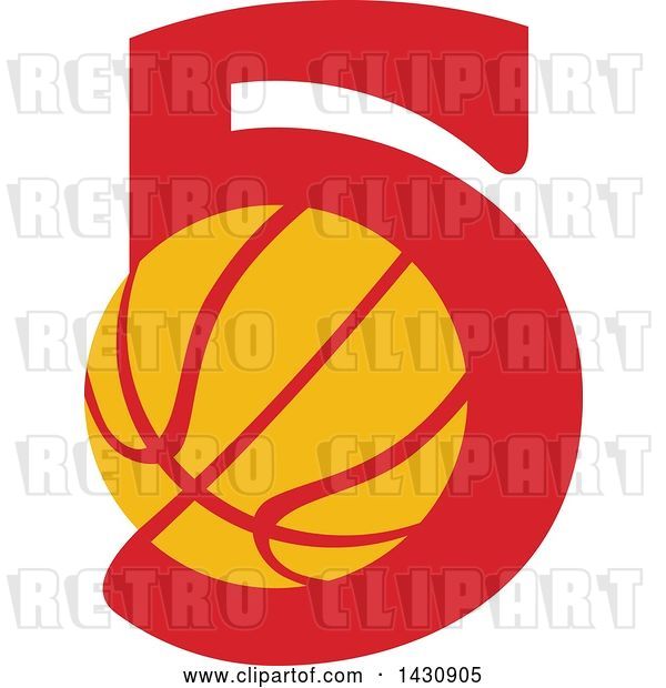 Vector Clip Art of Retro Yellow and Red Basketball in the Number Five