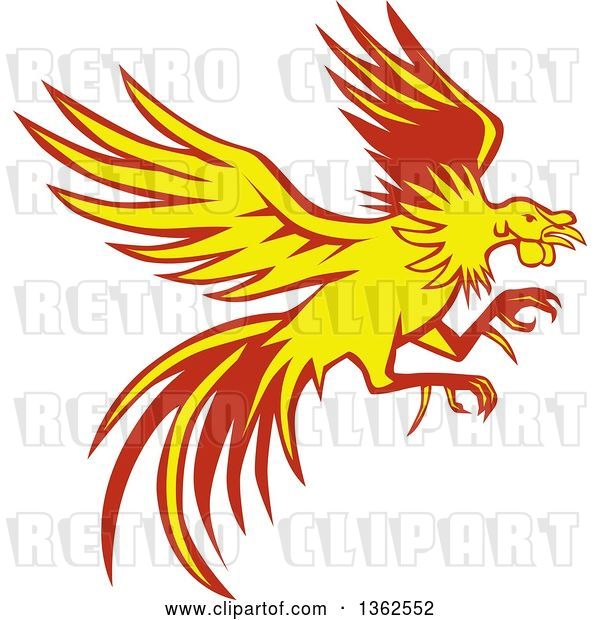 Vector Clip Art of Retro Yellow and Red Flying Fighting Cock Rooster