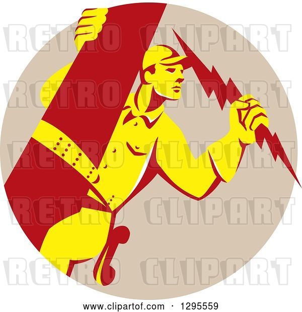Vector Clip Art of Retro Yellow and Red Lineman Male Electrician Holding a Lightning Bolt in a Taupe Circle
