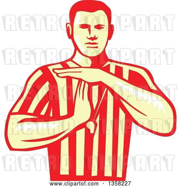 Vector Clip Art of Retro Yellow and Red Woodcut Male Basketball Referee Gesturring Technical Foul