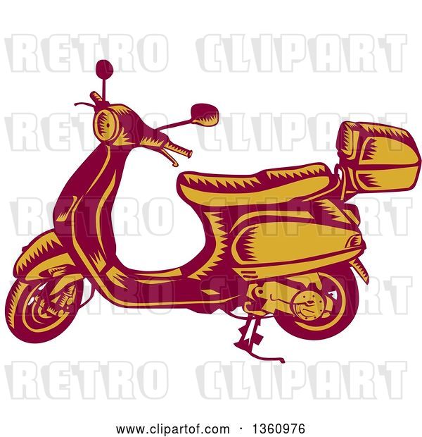 Vector Clip Art of Retro Yellow and Red Woodcut Scooter