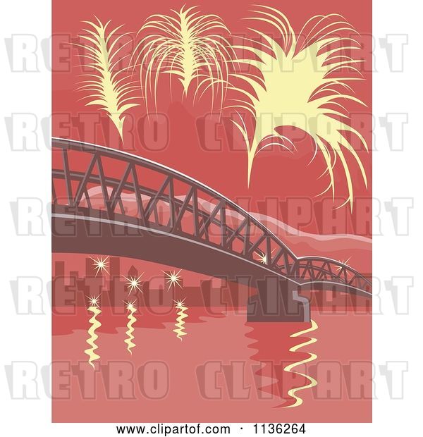 Vector Clip Art of Retro Yellow Fireworks over a Bridge with Red Tones
