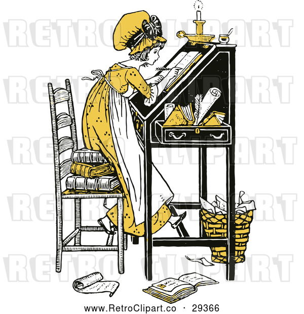 Vector Clip Art of Retro Yellow Girl Writing at a Desk
