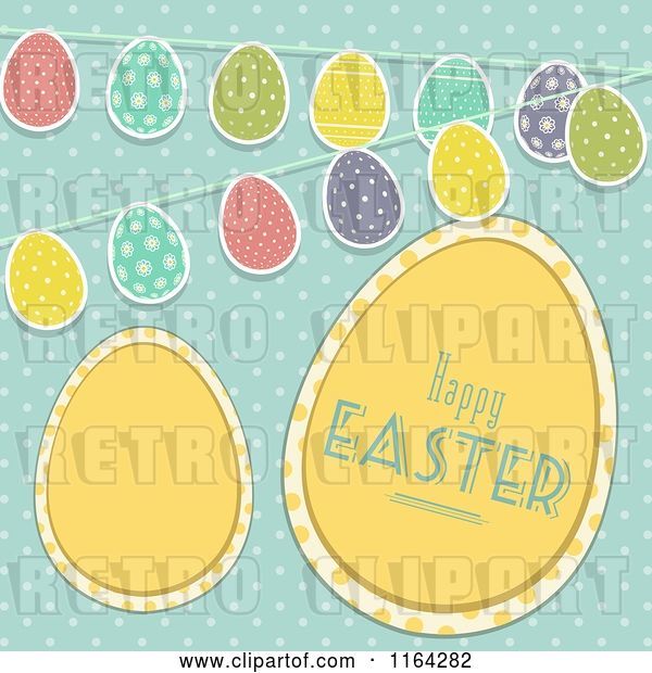Vector Clip Art of Retro Yellow Happy Easter Eggs with Buntings over Polka Dots on Blue