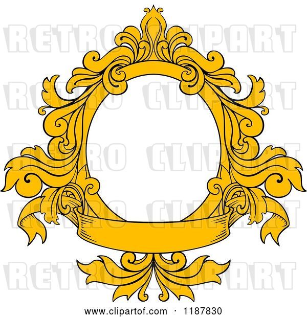 Vector Clip Art of Retro Yellow Oval Frame with Floral Leaves and a Banner