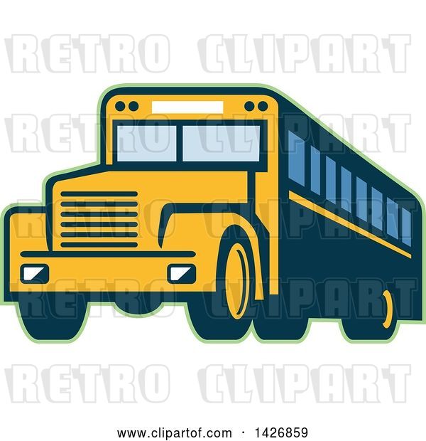 Vector Clip Art of Retro Yellow School Bus Outlined in Green