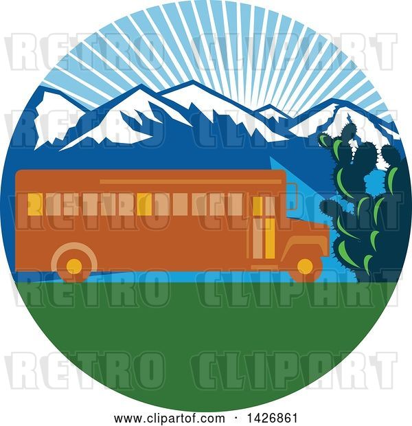 Vector Clip Art of Retro Yellow School Bus with Cactus and Mountains Against a Sunny Sky Inside a Circle