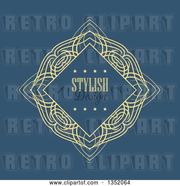 Vector Clip Art of Retro Yellow Swirl Diamond Frame with Stylish Design Text and Stars over Blue