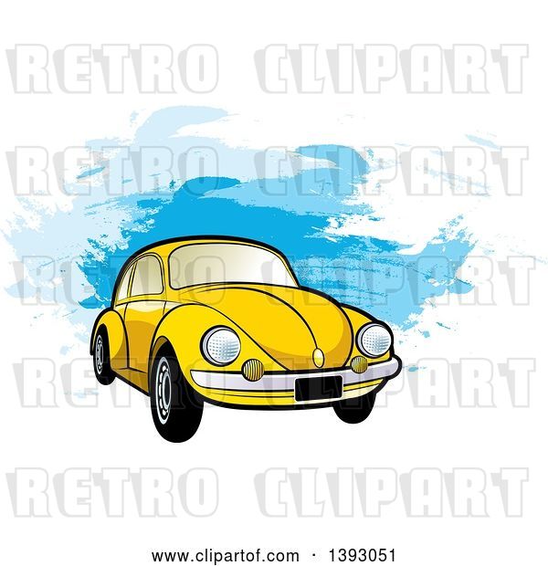 Vector Clip Art of Retro Yellow VW Slug Bug Car over Blue Paint Strokes