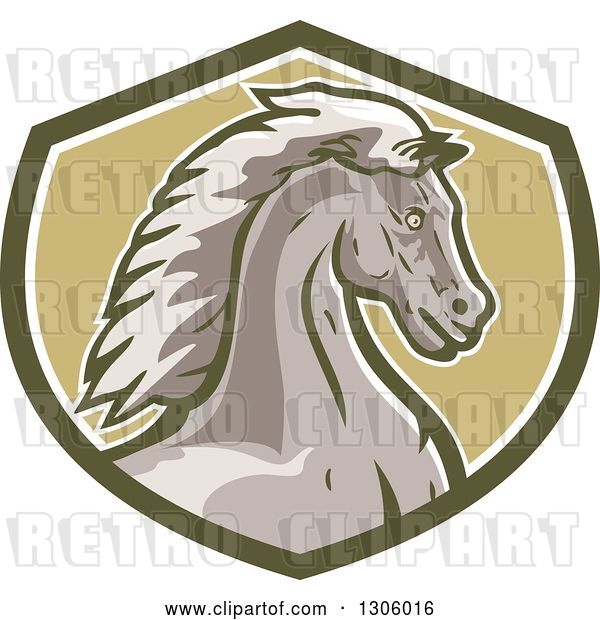 Vector Clip Art of Retro Young Cold Horse Head in a Green and White Shield